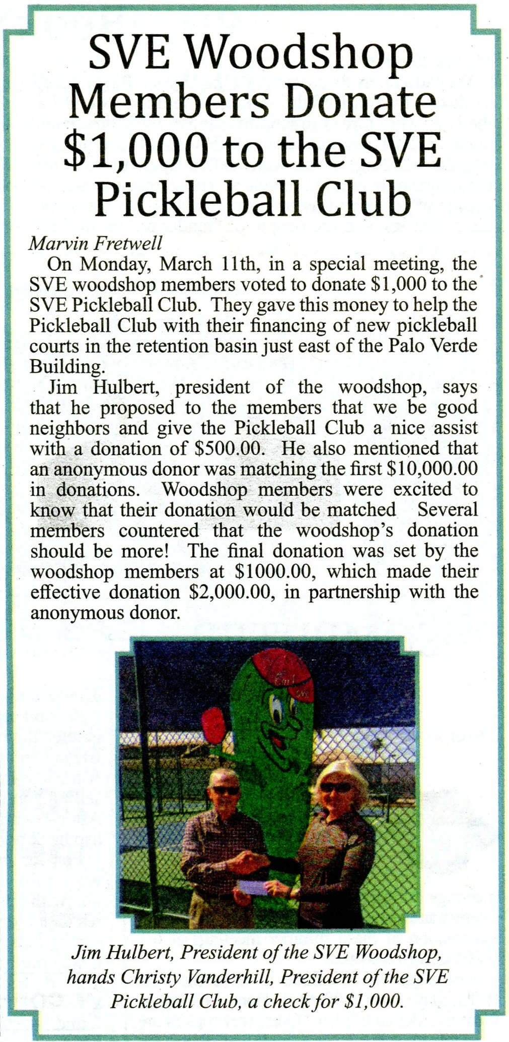 Donation to Pickleball Club